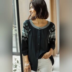 J. Jill Smocked Button-Front Embroidered Black, White and turquoise Top in Small